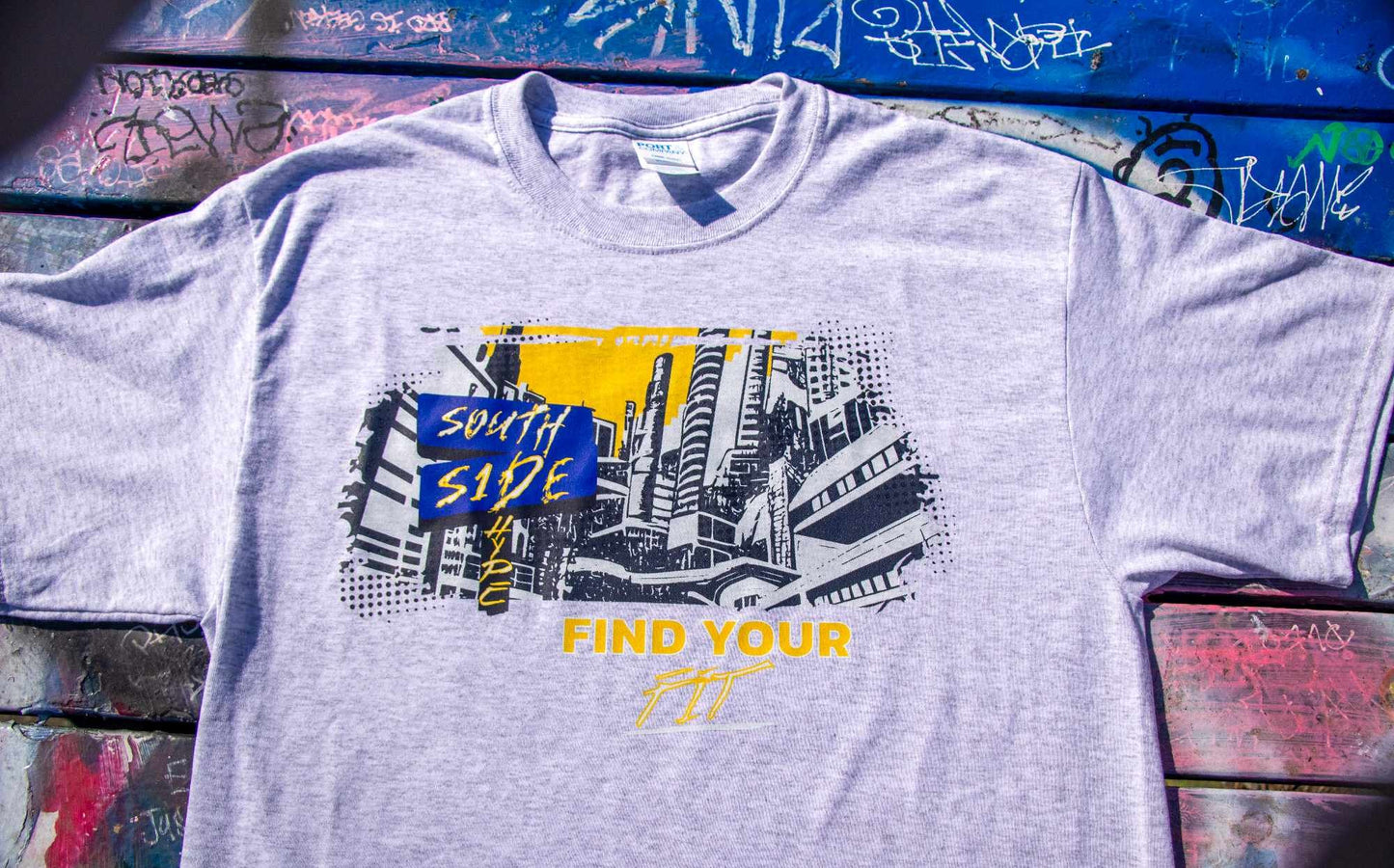 South S1de Hype T Shirt - Black Cityscape on Grey "Find Your Fit" Port & Co Tee